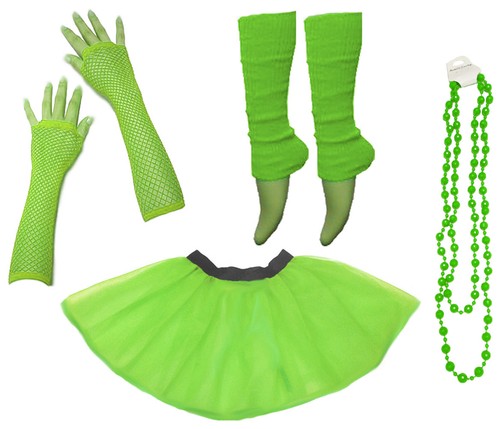Neon UV Tutu Set Skirt Gloves Leg Warmers Beads Womens 80s Fancy Dress Costume - Picture 8 of 11