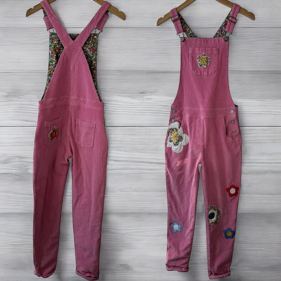 Boden Pink Corduroy Overalls Embroidered Flower Patches Kid Teen