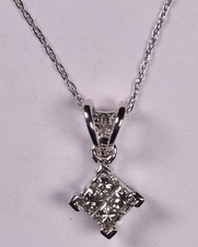 14k Genuine Princess Diamonds White Gold Pendant Necklace 18"