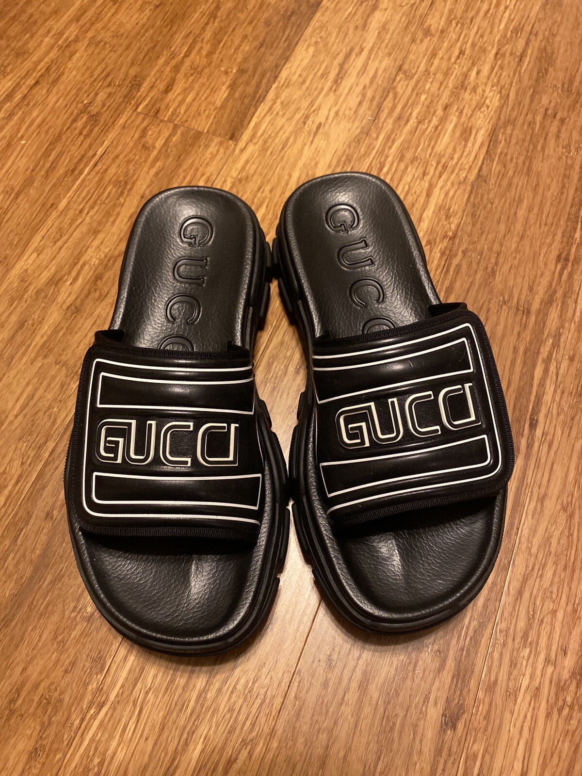 GUCCI Men Embossed Logo Chunky Sliders In Black size 8.5 | eBay
