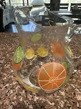 Margarita Glass Hand Painted/Signed Pitcher With Lemon & Limes Oranges Vintage