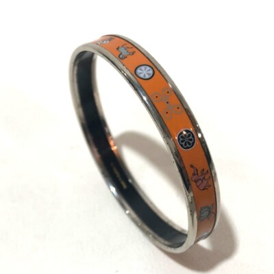 HERMES Enamel PM Cloisonne Bangle Bracelet Orange/SilverHW  display picture 3