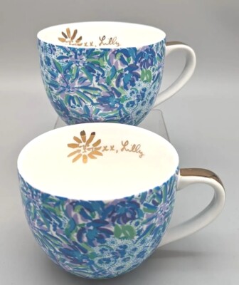 Set of 2 Lilly Pulitzer Gold Handle Ceramic Mug 12 Ounce Blue Purple Sun & Lion