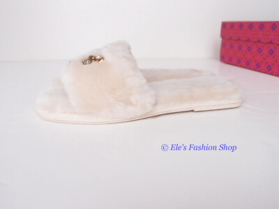 NIB Tory Burch Jeweled Double T Shearling Fur Slide Buttermilk 7.5