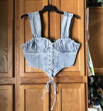 PRETTYLITTLETHING Plus Blue Denim Corset Top Bustier Lace Up Ruched Size 14 NWT