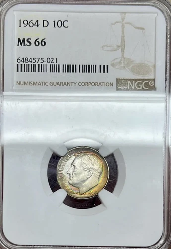 Rainbow Toned 1964-D Roosevelt Dime NGC MS66 