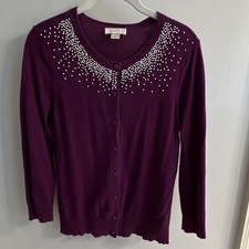 LOFT Women's S Purple Cotton Knit Button Front Cardigan Sweater Beaded Neck