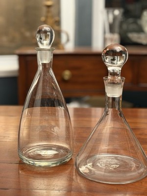 Vintage Clear Glass Decanter Pair Round Ball Stoppers Mid Century Modern Barware