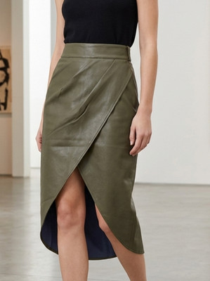 CLEARANCE ASOS Petite Faux Leather Wrap Skirt Olive Midi High Waist Tulip Sz 4