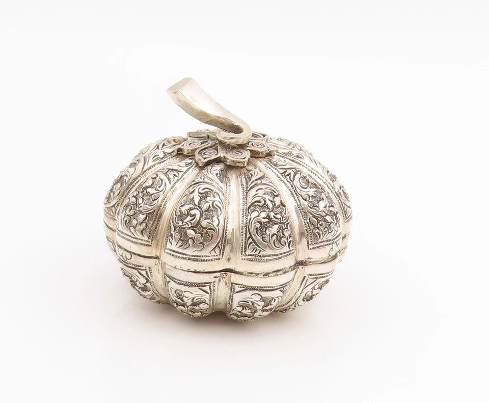 Caja de baratija vintage de plata de ley 925 grabada sólida con forma de calabaza floral TR4061 Foto 3 de 4