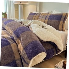 Plaid Sherpa Comforter Set 3Pcs Fluffy Warm Fleece Down Queen 90"x90" Khaki