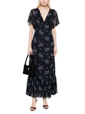 LoveShackFancy Kover Bow Print Maxi Dress Black V-Neck Ruffled Size 4