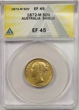 1872-M Australia Shield Gold Sovereign XF EF 45 ANACS