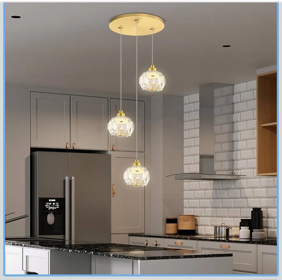 Lámpara colgante de bola de cristal con luz LED dorada de 3 luces 15W Foto 4 de 4