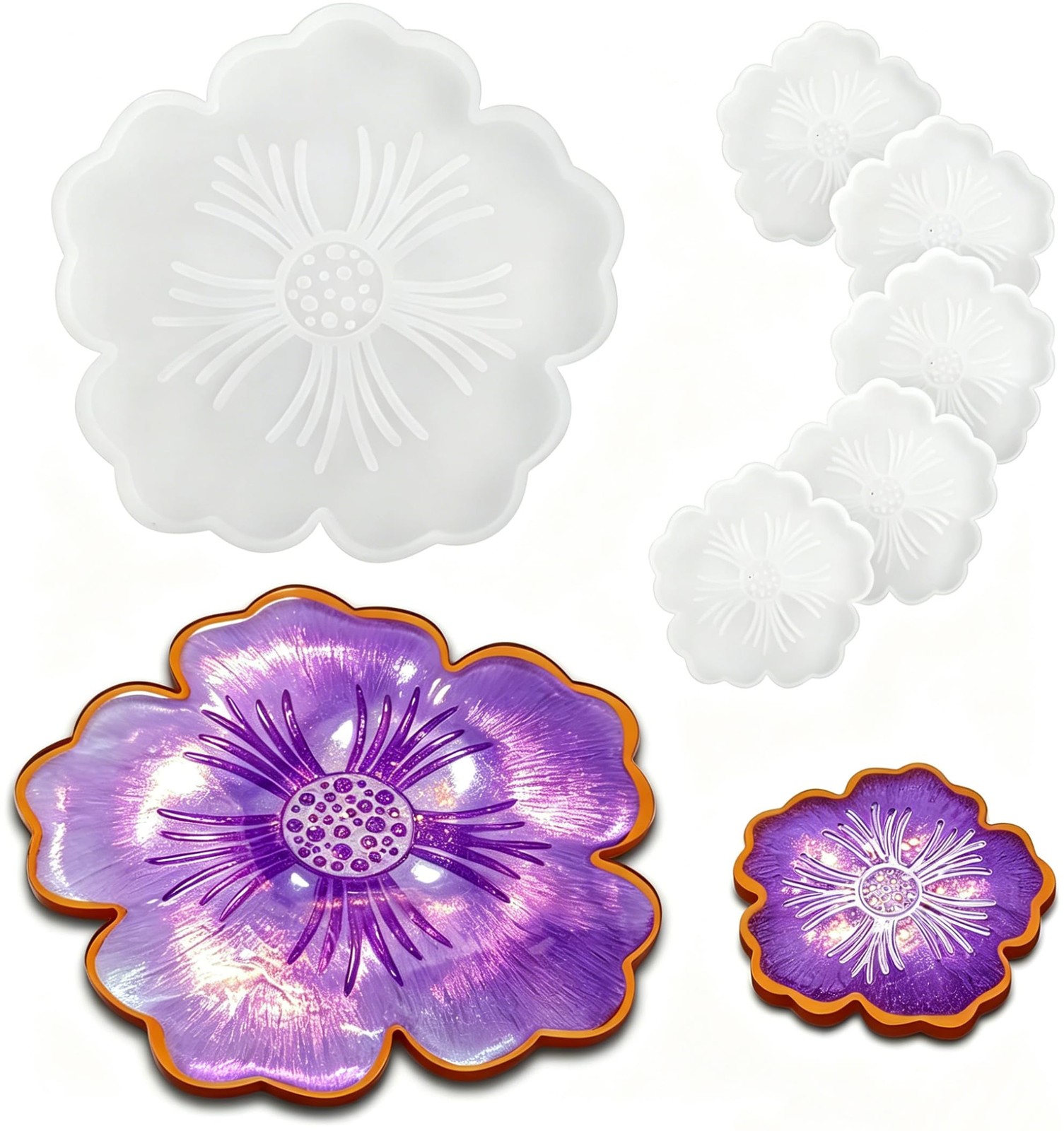 1PCS Flower Resin Mold and 5PCS Coaster Molds Large, Silicone molds