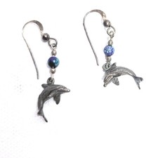 Vintage 925 Sterling Silver Dolphin Dangle Earrings Blue Azurite Malachite Bead