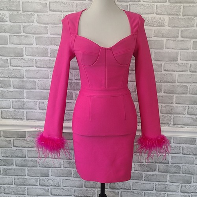 #ad Boutique Pink Bodycon Dress Long Sleeve Feather Glam Barbie Mobwife NEW Small $22.00