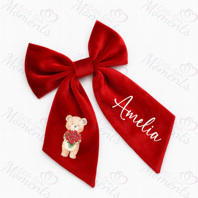 Personalisierte Valentinstag Samt Haarschleife. Haarschmuck nach Maß - Teddy Blumen