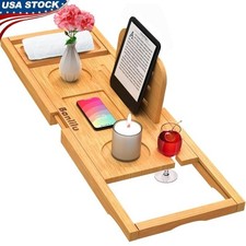Expandable Bamboo Bathtub Caddy Tray Non-Slip Spa Organizer W/ Wine Holder New