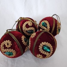 4 Vtg Burgundy/Red Velvet  Gold  Faux Green Stones Christmas Ornaments 3 Inch