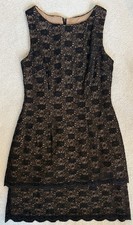 Alex Evenings Party Dress Sz 8P Sequined Black Lace Over Nude Lining Tiered Hem