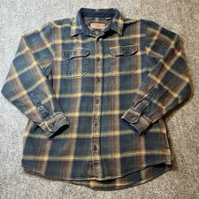Orvis Shirt Jacket Mens Large Blue Brown Plaid Flannel Long Sleeve Shacket Heavy