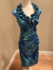 London Times Satin Rouched & Ruffled Turqouise/Green Floral Midi Dress NWT Sz 4