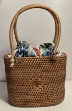 Vintage Italian Handmade Rattan Tote Bag With Tropical Fabric Lining 7.5 By 8