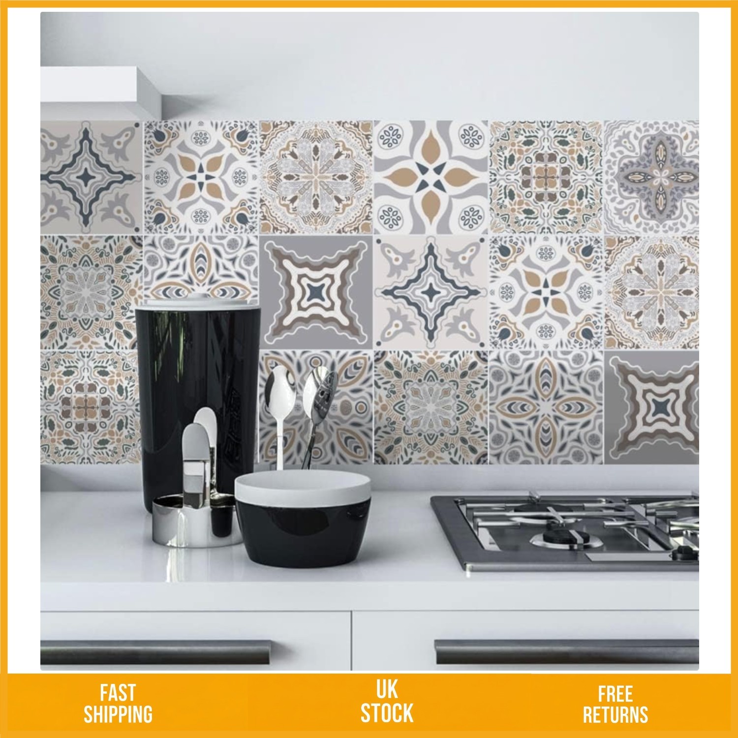 Elegant Grey Moroccan Tile Stickers Waterproof Vinyl Wall Decals 15x15cm 24pc