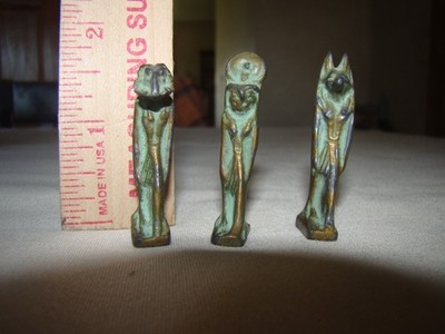Vintage Lot of 3 Miniature Egyptian Deity Gods Patinated Metal Statue Amulet