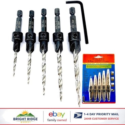 5 Size Countersink Drill Bits for Wood with Black Oxide Finish and Taper Point
