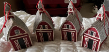 Set of 4 Hanging Decorative Barn Ornaments, Christmas Holiday Red White Gray