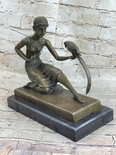 Chiparus Art Deco Bronze Sculpture Statue Girl Holding Parrot Bird Marble Base