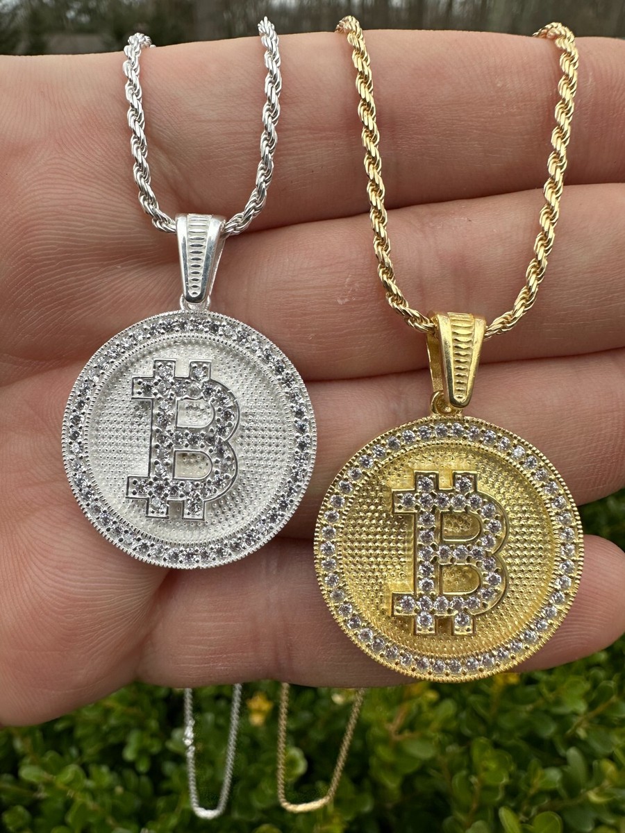 Real 925 Silver 14K Gold Plated Iced Letter B BITCOIN CZ Pendant Necklace  HipHop
