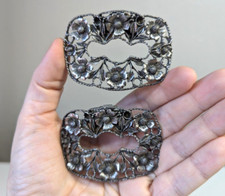 MUSI Vintage Large Antiqued Silver Tone Shoe Dress Clip Ornament Floral Design