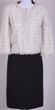 ST.JOHN Women Knit Tweed Fringed Ivory Gray Zip Jacket  Gray Skirt Sz 6