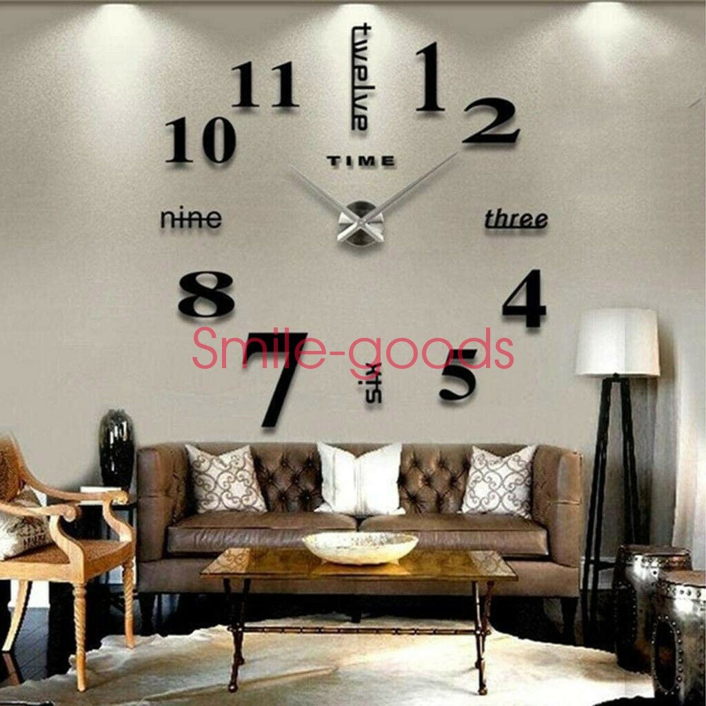 Modern Large Wall Clock 3D Mirror Sticker Unique Number Watch DIY Decor Silver