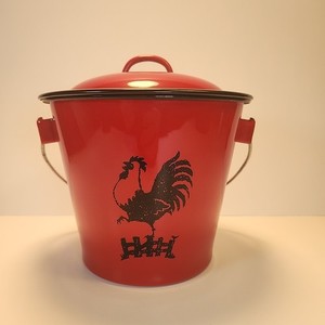Small Red Compost/Decor Bucket with Rooster Handle and Lid Farm Decor