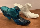 2 VINTAGE FENTON GLASS SLIPPERS 1 WHITE AND 1 BLUE