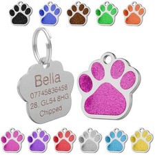Dog Cat Pet Tag ID Collar Tags Personalised Engraved 27mm Glitter Paw Print 