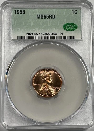 1958 1C MS65RD CACG Lincoln Red Wheat Cent - MS 65 CAC - Great Color And Luster
