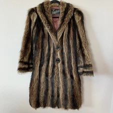 RACCOON Fur Coat Women's Small 6 Brown Full Length Dress Jacket 42" Long VINTAGE