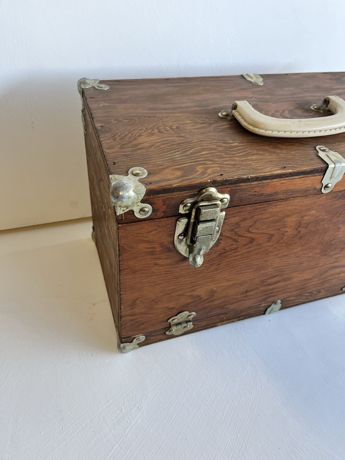 Vintage Oak Wooden Tool Chest Drop Front Storage Box Metal Corners Tray Handles