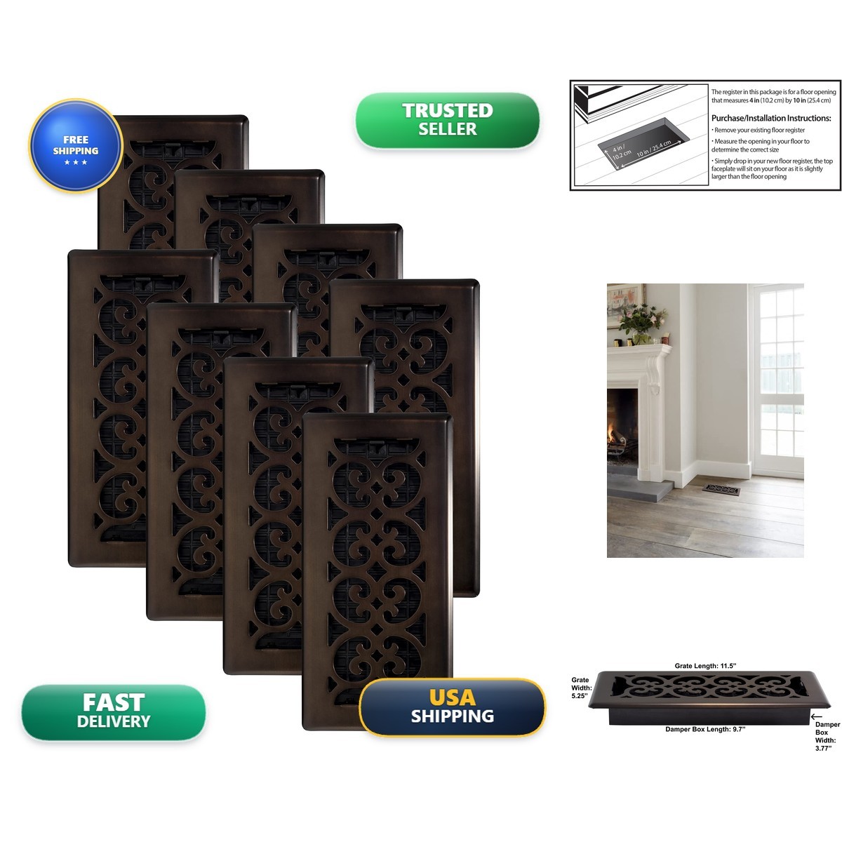 Decor Grates SPH410-RB-8 Scroll Design Floor Register 4x10 Rubbed Bronze 8-Pack