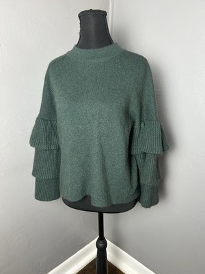 Gianni Bini Women s Sz M Green Angora Blend Ruffle Tiered Bell Sleeves Sweater