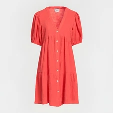 FRNCH Short Sleeve Tiered Mini Dress 100% Cotton Crinkle Beachy CORAL PINK Sz M