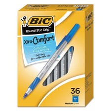 BIC Round Stic Grip Xtra Comfort Ballpoint Pen, Medium 1.2 mm, Blue Ink, 36/Pack