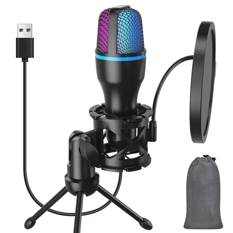USB Gaming Microphone with Tripod Stand, Pop Filter & RGB Lighting Recording &PC