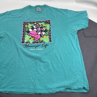 Vtg Oneita Graphic Tshirt Men s Xxl Flamingo Cafe Destin Florida Ss USA Teal 