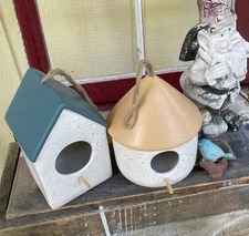 Ceramic Bird House Pair, New, With Jute Hanging Rope